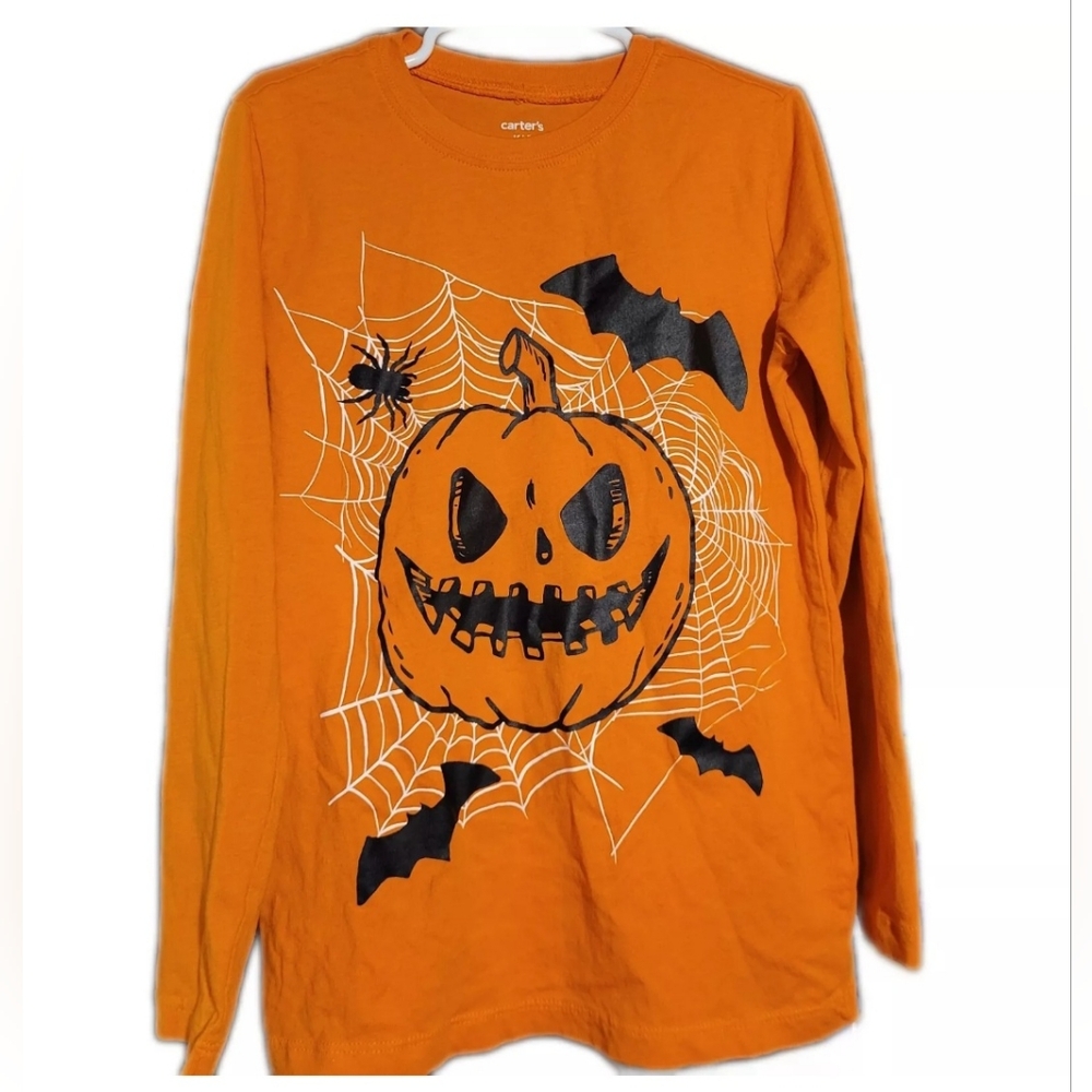 Carters Halloween Pumpkin Shirt Boys Size 8 Long Sleeve Spider Web Orange